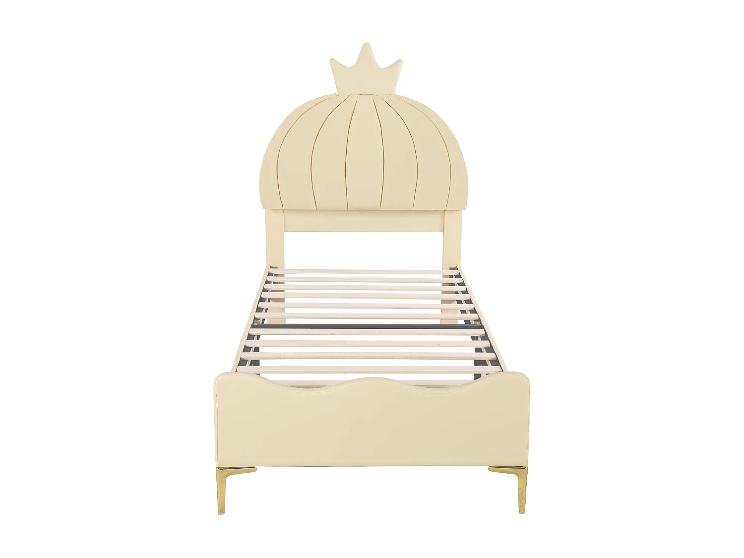 Lit enfnat 140x200cm, lit simple avec sommier à lattes et tête de lit dessin animé avec moulure de couronne, tissu simili cuir, beige