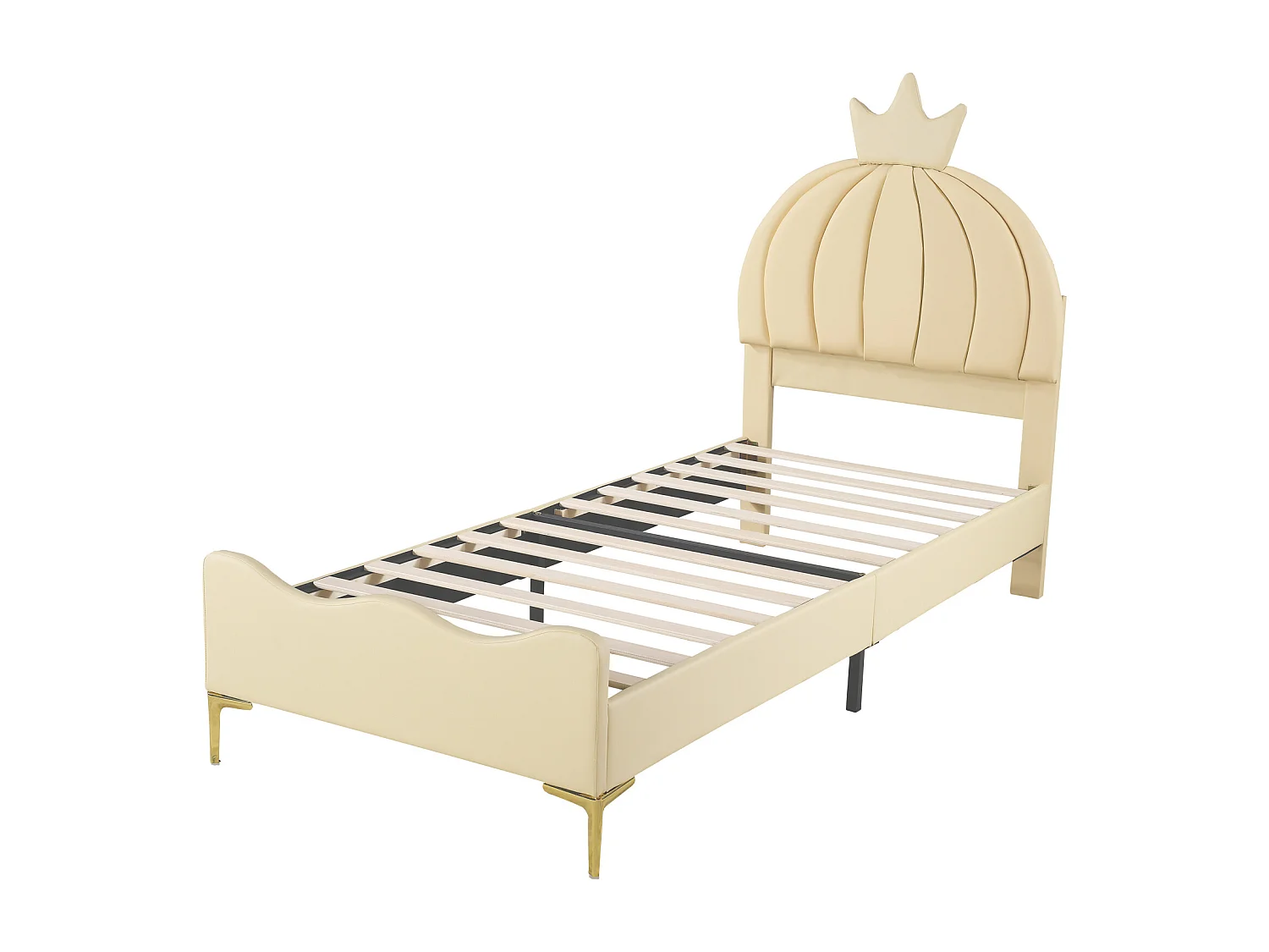 Lit enfnat 140x200cm, lit simple avec sommier à lattes et tête de lit dessin animé avec moulure de couronne, tissu simili cuir, beige