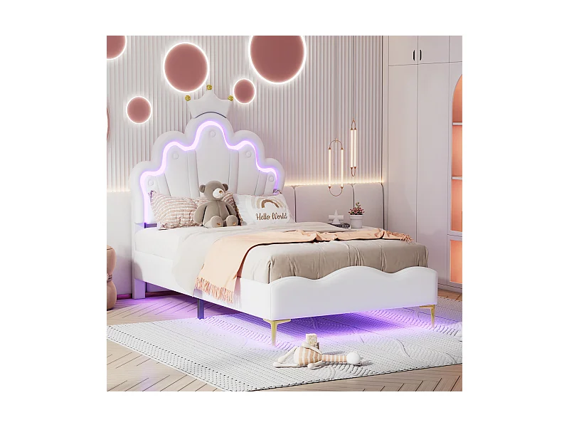 Kinderbeleuchtung 90x200 mit Latte-Sommier, beleuchteter Kopf, doppelt beleuchtet, LED-Beleuchtung, weiß