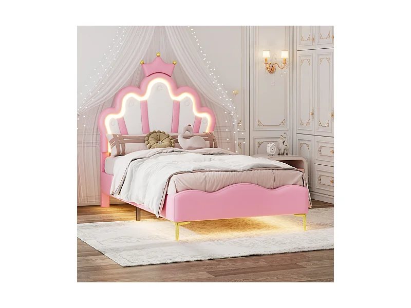 Kinderbeleuchtung 90x200 mit Latte-Sommier, Capitonné-Beleuchtung, Doppelbeleuchtung, LED-Beleuchtung, Rose