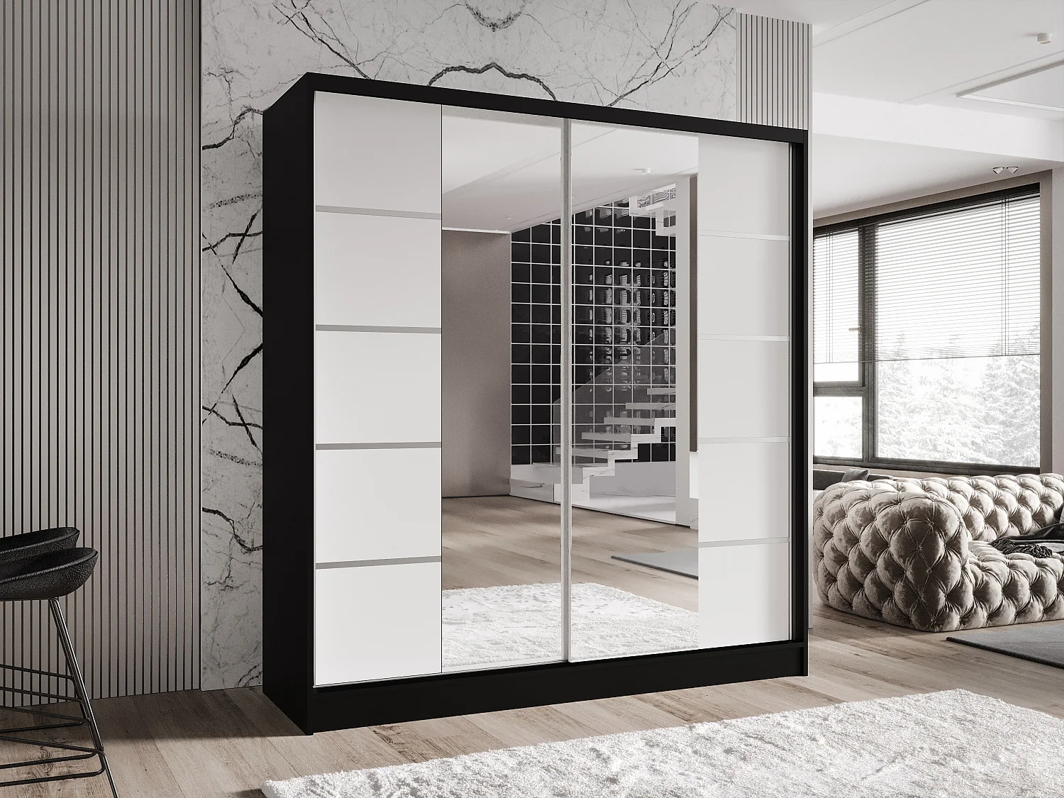 Zweitüriger Schiebeschrank mit Spiegel TORONTO T5 Schwarz/Weiß
