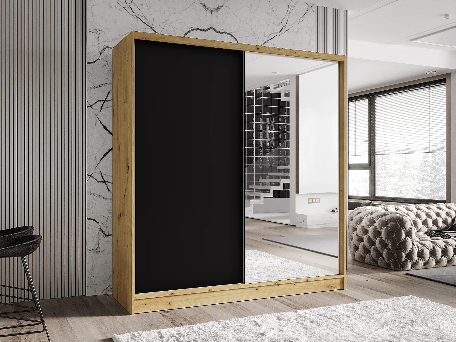 Zweitüriger Schiebeschrank mit Spiegel TORONTO T1 Artisan/Schwarz