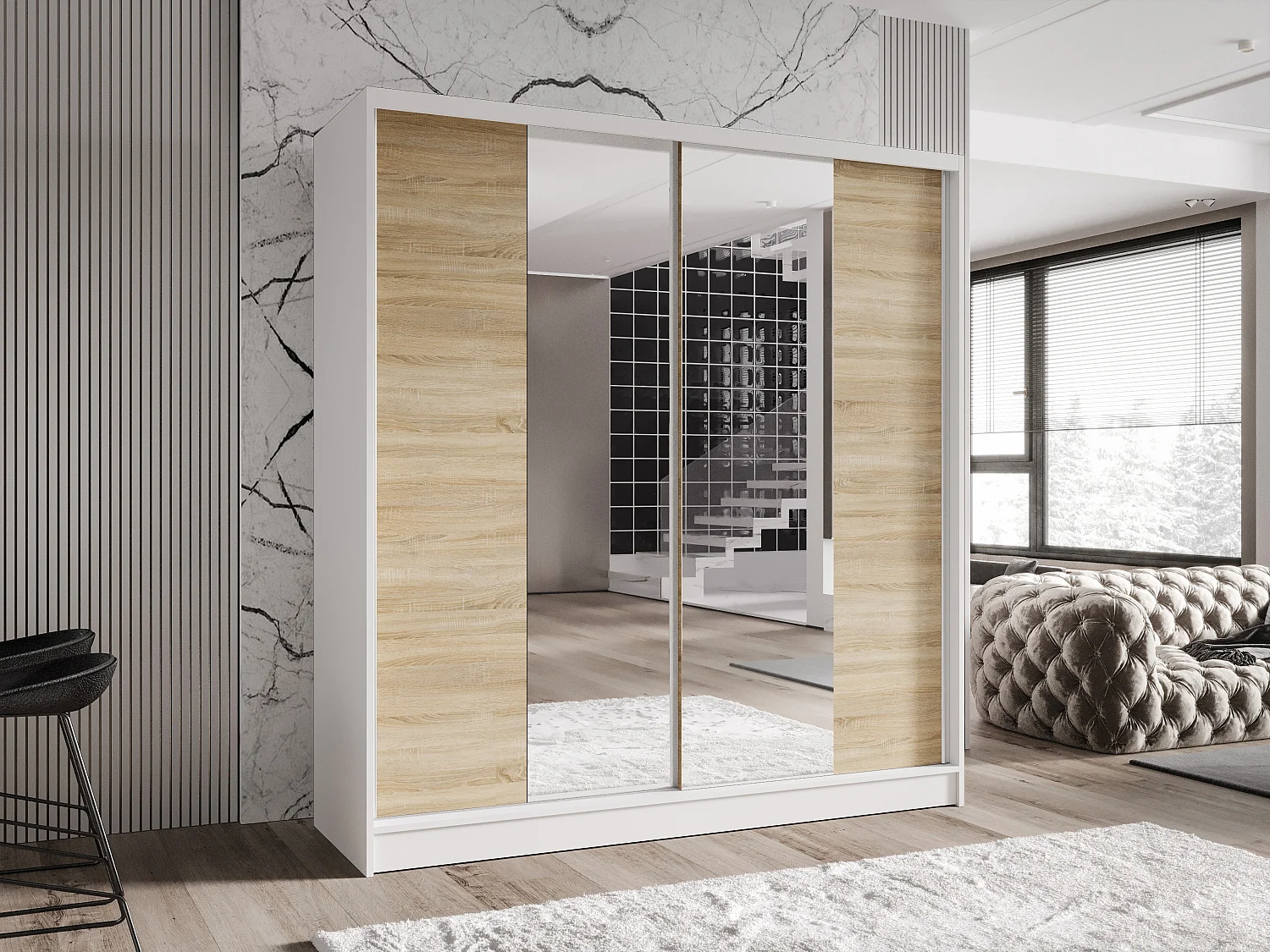 Zweitüriger Schiebeschrank mit Spiegel TORONTO T2 Weiß/Sonoma