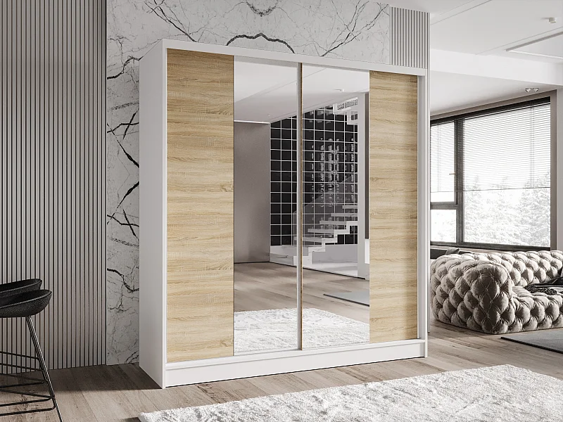 Zweitüriger Schiebeschrank mit Spiegel TORONTO T2 Weiß/Sonoma