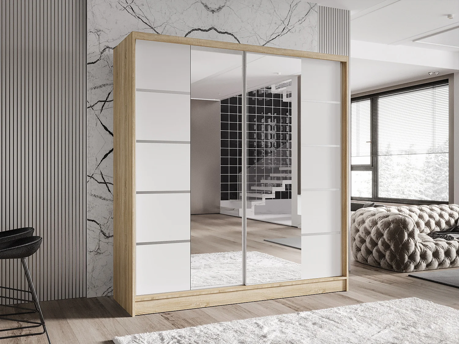 Zweitüriger Schiebeschrank mit Spiegel TORONTO T5 Sonoma/Weiß