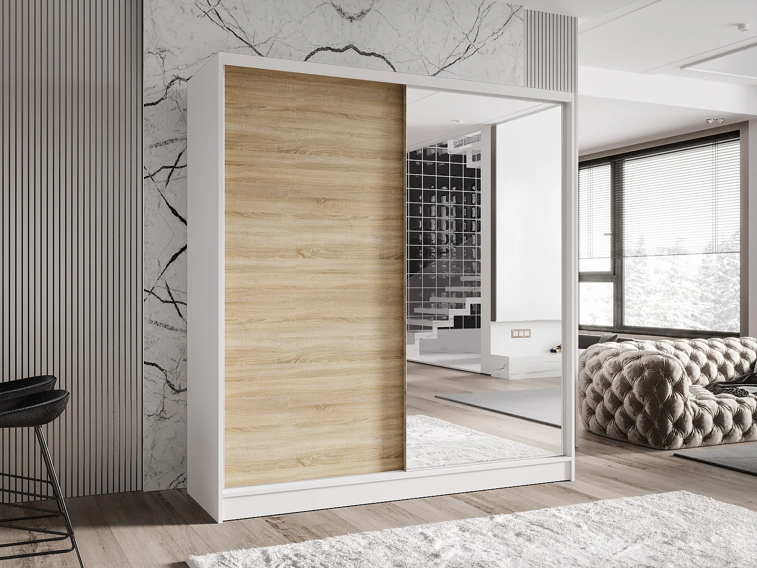 Zweitüriger Schiebeschrank mit Spiegel TORONTO T1 Weiß/Sonoma