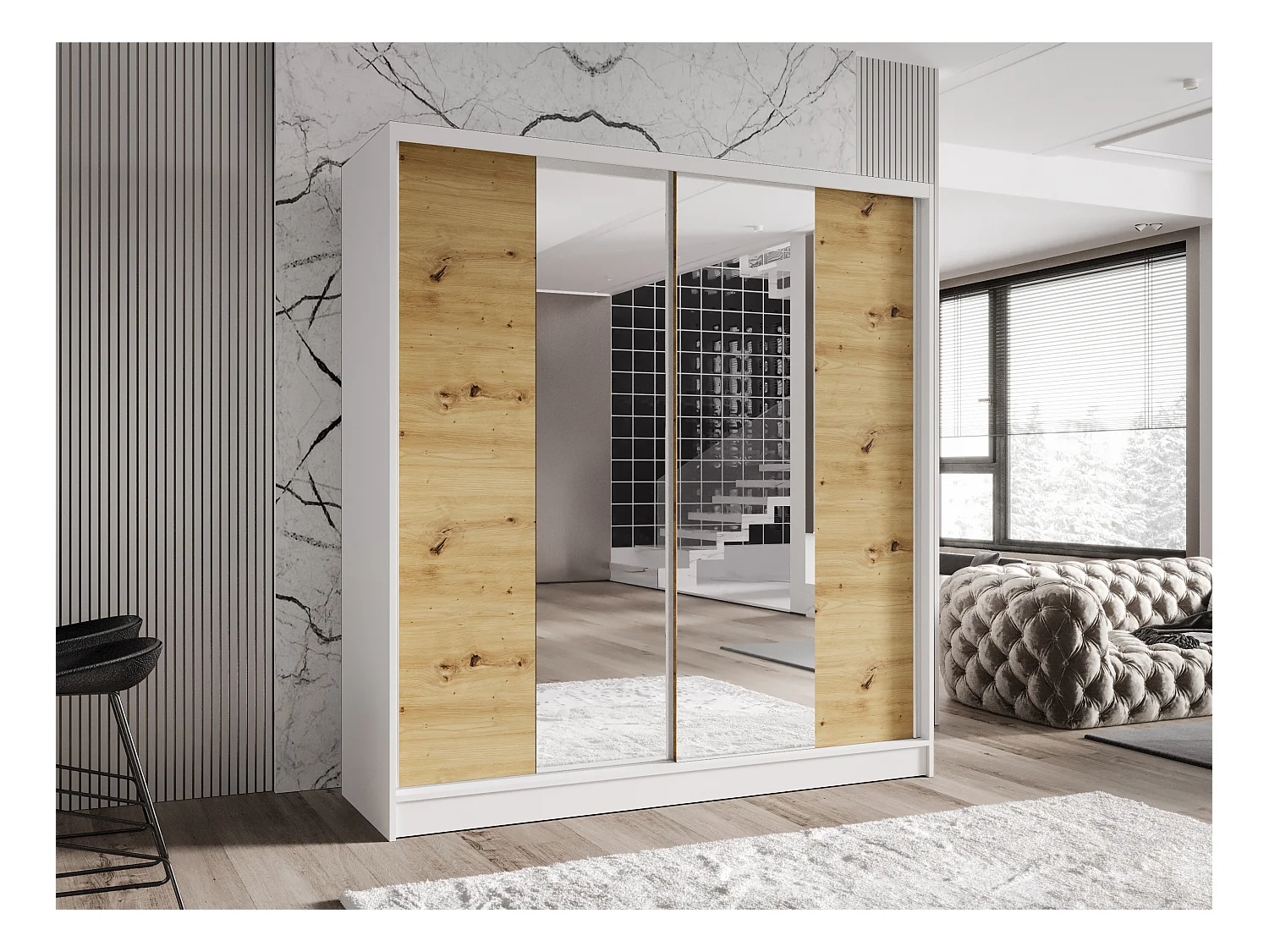 Zweitüriger Schiebeschrank mit Spiegel TORONTO T2 Weiß/Artisan