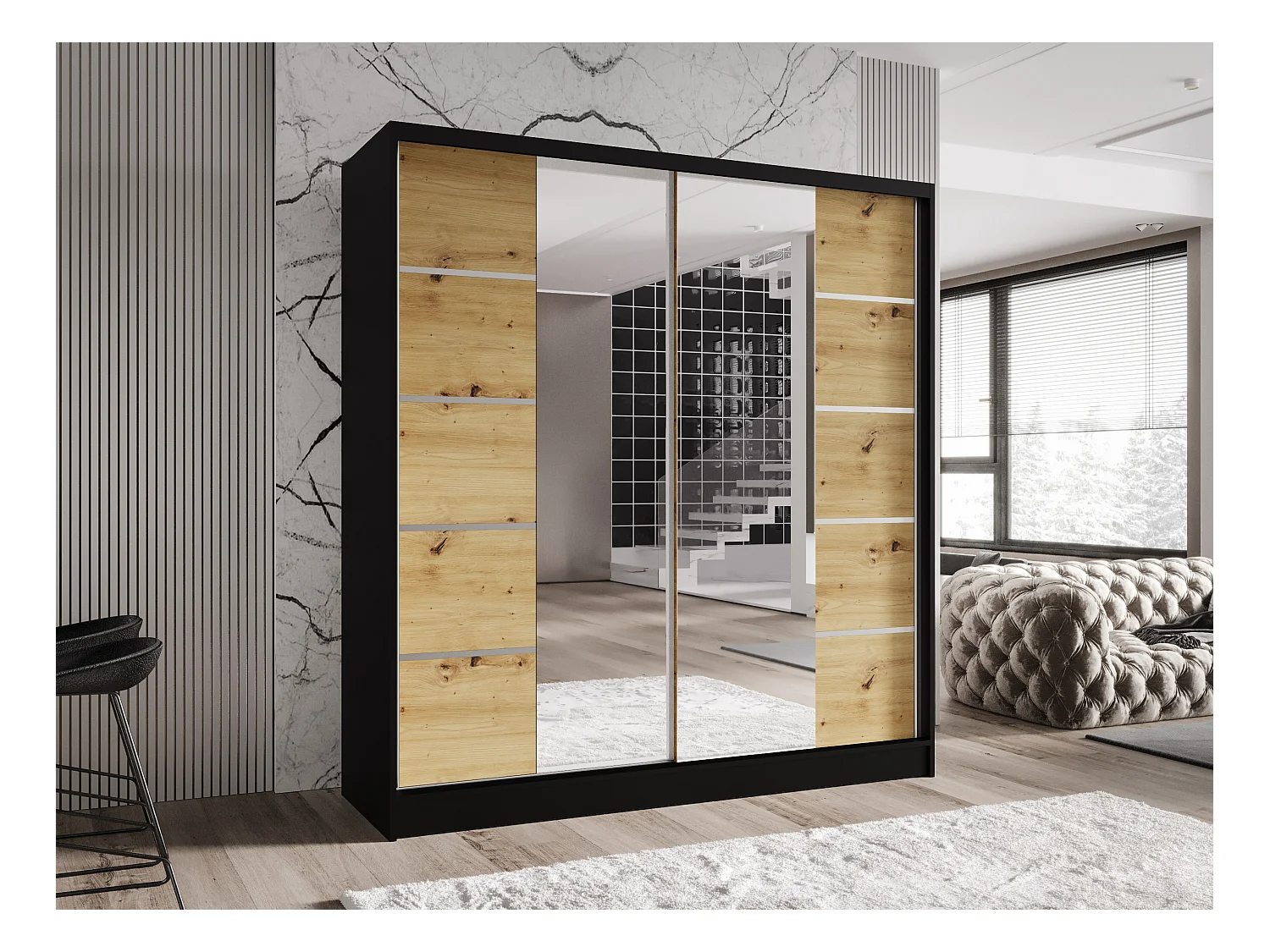 Zweitüriger Schiebeschrank mit Spiegel TORONTO T5 Schwarz/Artisan