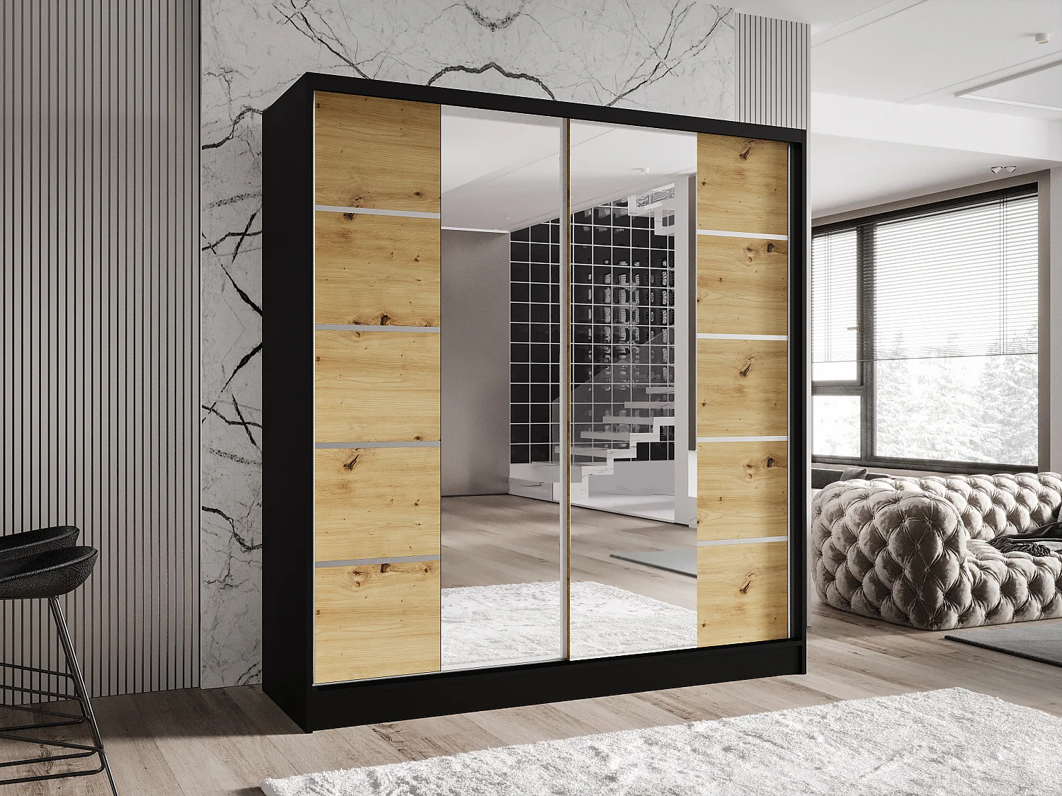 Zweitüriger Schiebeschrank mit Spiegel TORONTO T5 Schwarz/Artisan