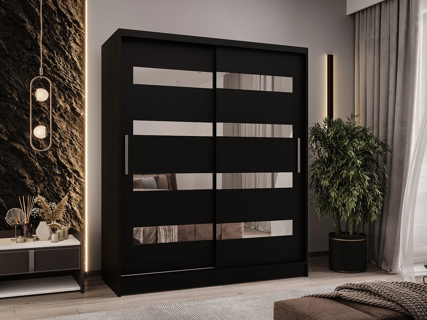 Zweitüriger Schiebeschrank mit Spiegel WIENNA W13 Schwarz
