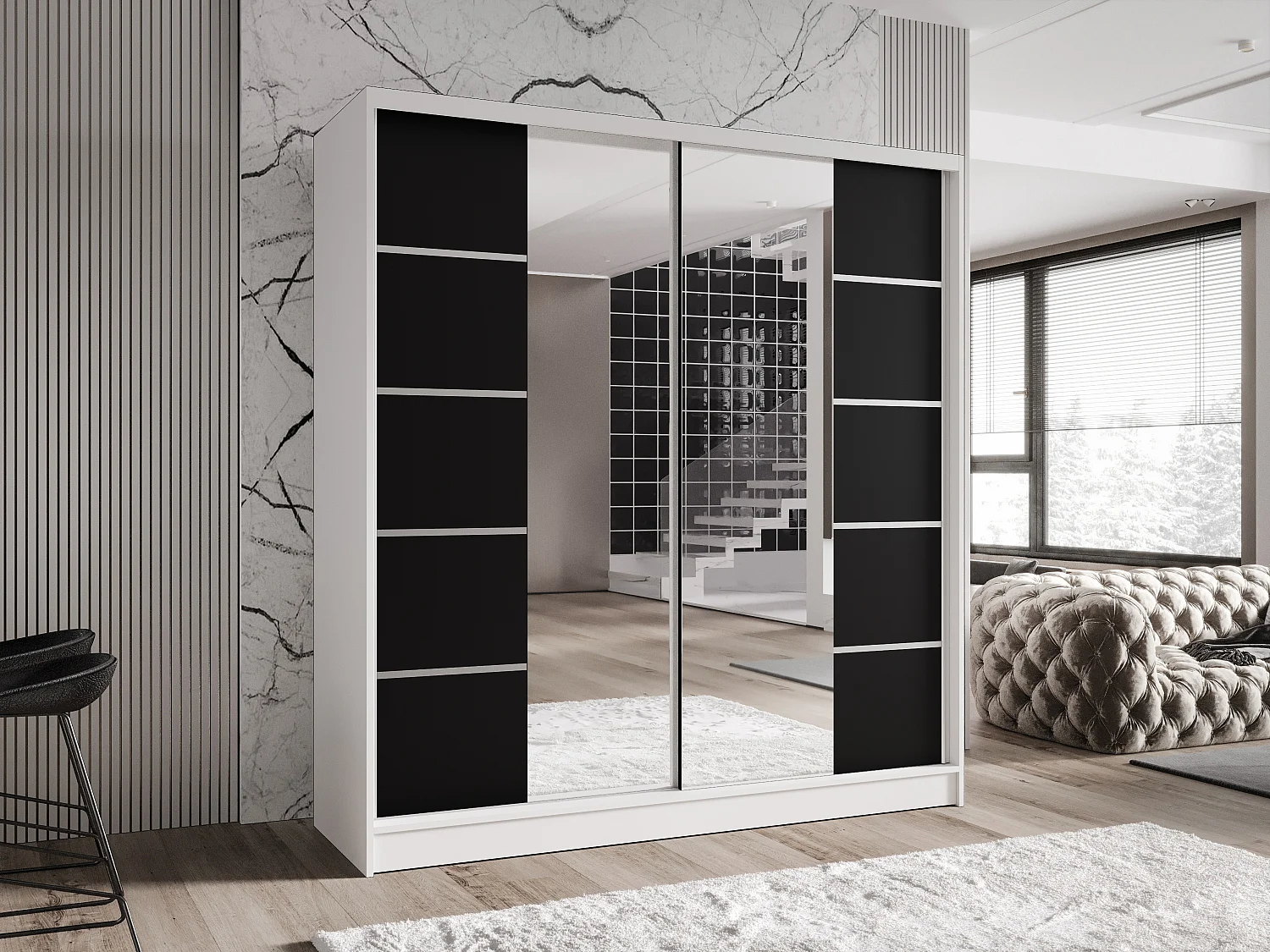 Zweitüriger Schiebeschrank mit Spiegel TORONTO T5 Weiß/Schwarz