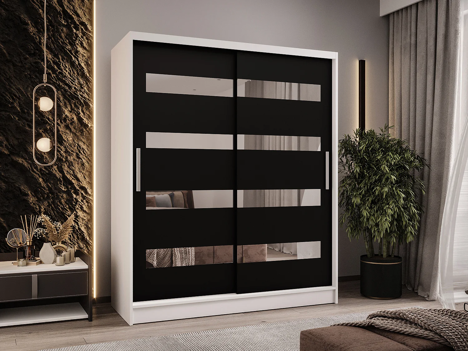 Zweitüriger Schiebeschrank mit Spiegel WIENNA W13 Weiß-Schwarz