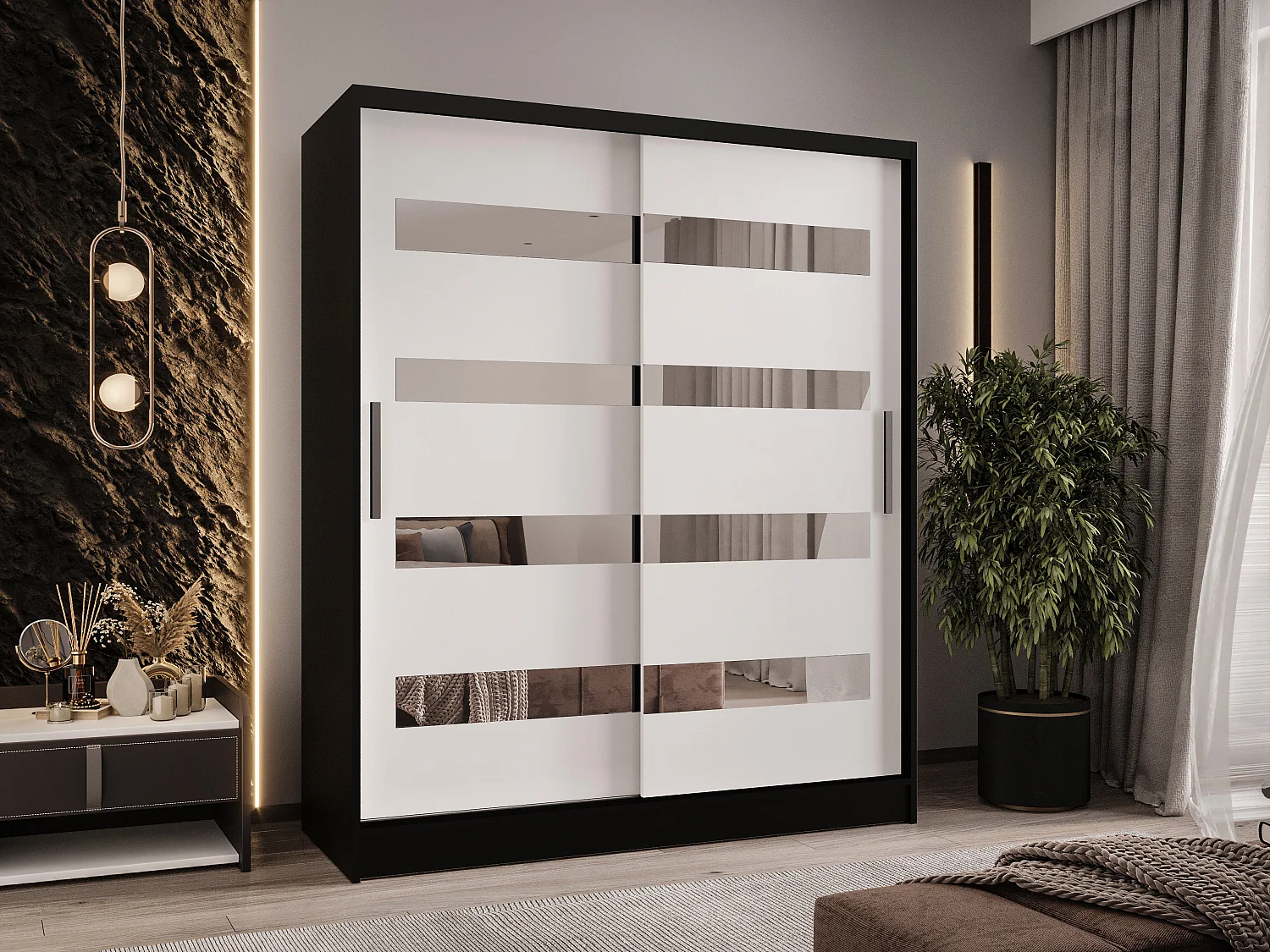Zweitüriger Schiebeschrank mit Spiegel WIENNA W13 Schwarz-Weiß