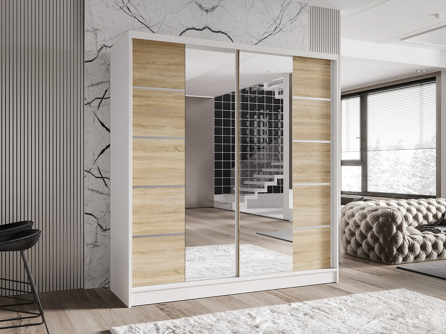 Zweitüriger Schiebeschrank mit Spiegel TORONTO T5 Weiß/Sonoma