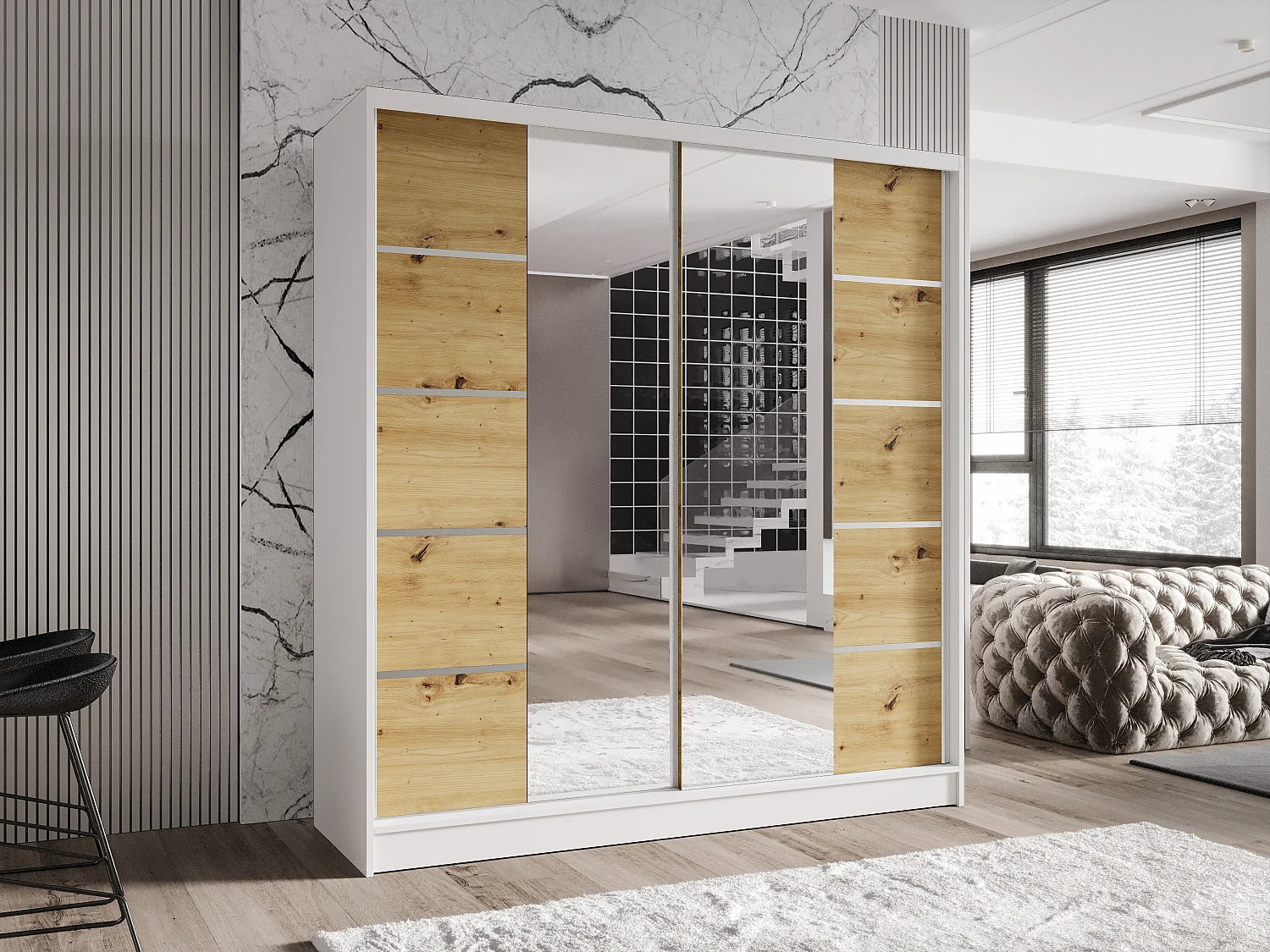 Zweitüriger Schiebeschrank mit Spiegel TORONTO T5 Weiß/Artisan