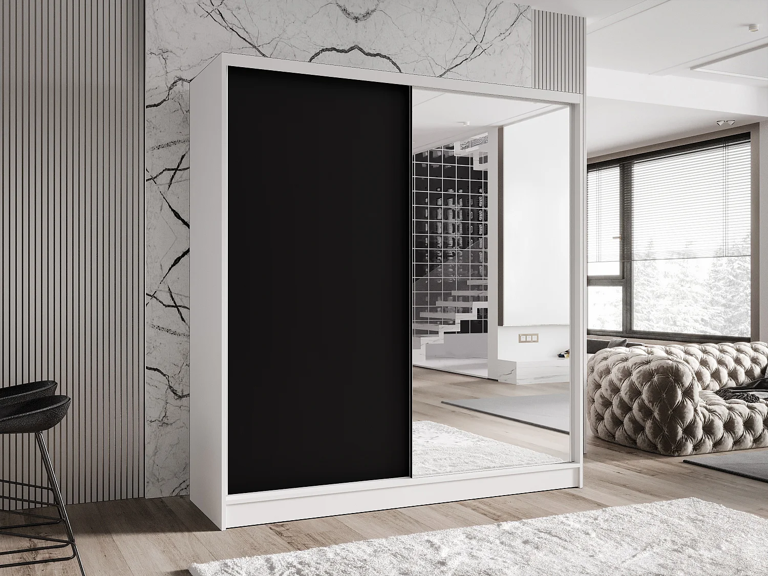Zweitüriger Schiebeschrank mit Spiegel TORONTO T1 Weiß/Schwarz