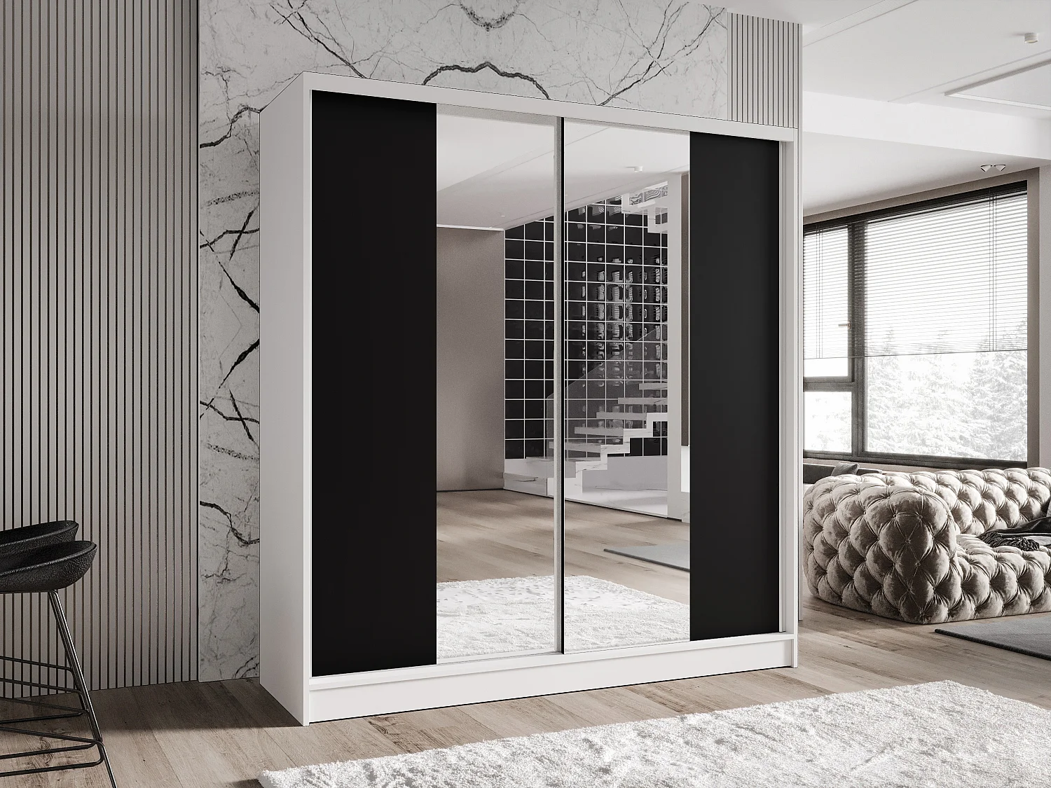 Zweitüriger Schiebeschrank mit Spiegel TORONTO T2 Weiß/Schwarz