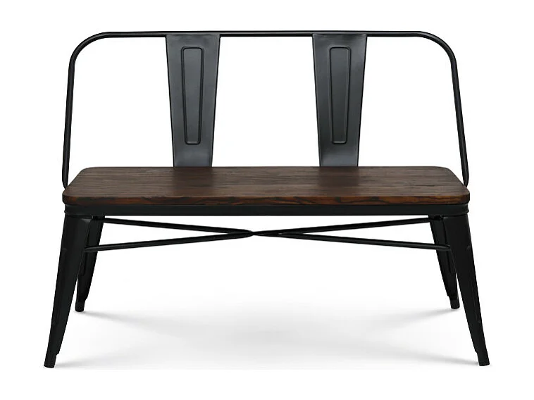 Banc en métal noir mat avec dossier et assise bois foncé - Style industriel