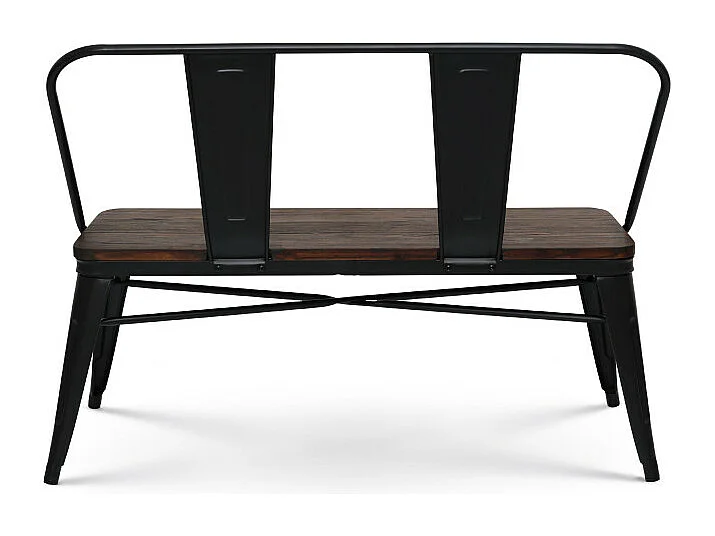 Banc en métal noir mat avec dossier et assise bois foncé - Style industriel