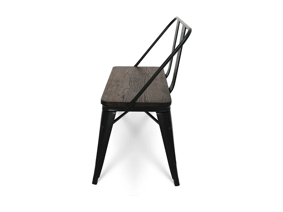 Banc en métal noir mat avec dossier et assise bois foncé - Style industriel
