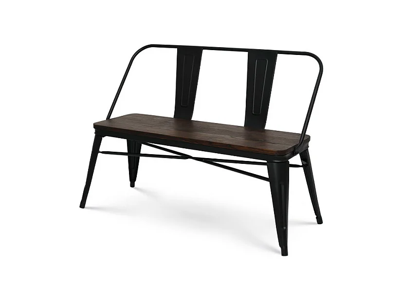 Banc en métal noir mat avec dossier et assise bois foncé - Style industriel