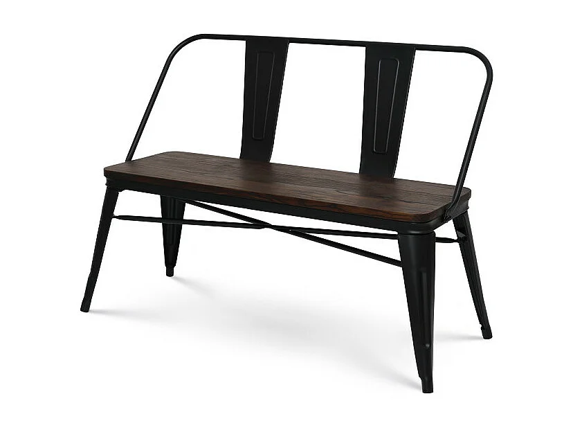 Banc en métal noir mat avec dossier et assise bois foncé - Style industriel