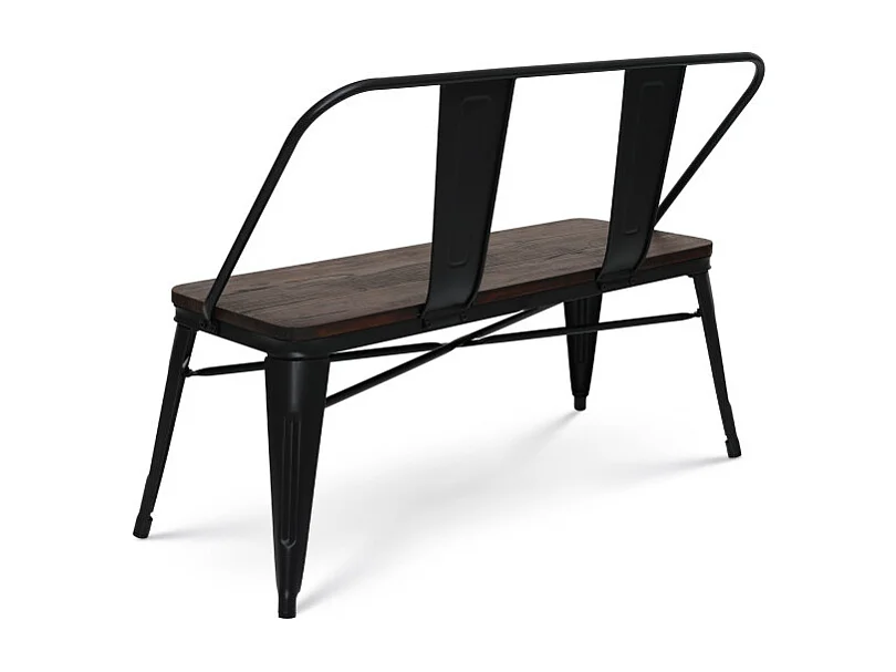 Banc en métal noir mat avec dossier et assise bois foncé - Style industriel