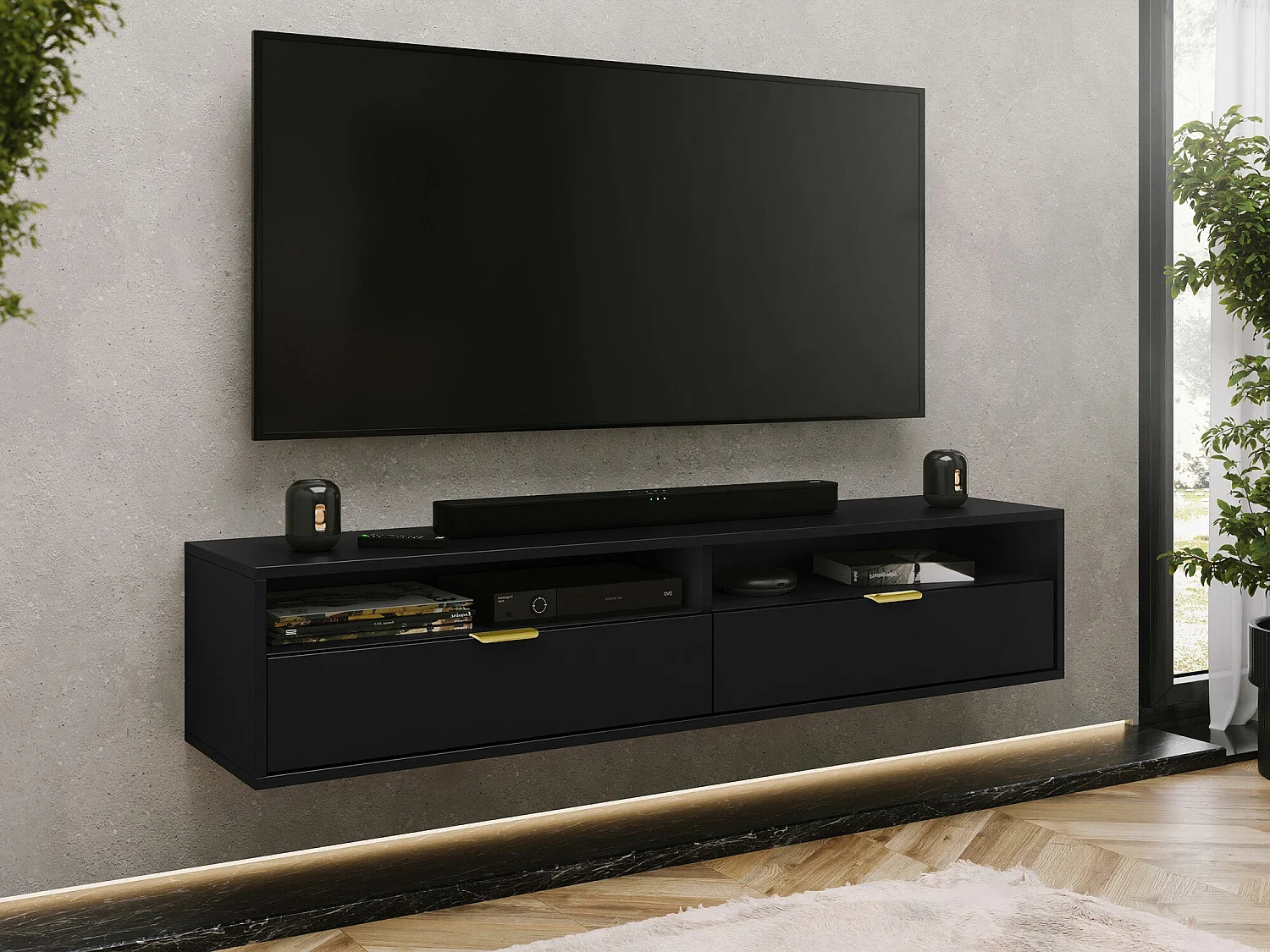Meuble TV Hamilton 103, Noir, 175x35x33cm