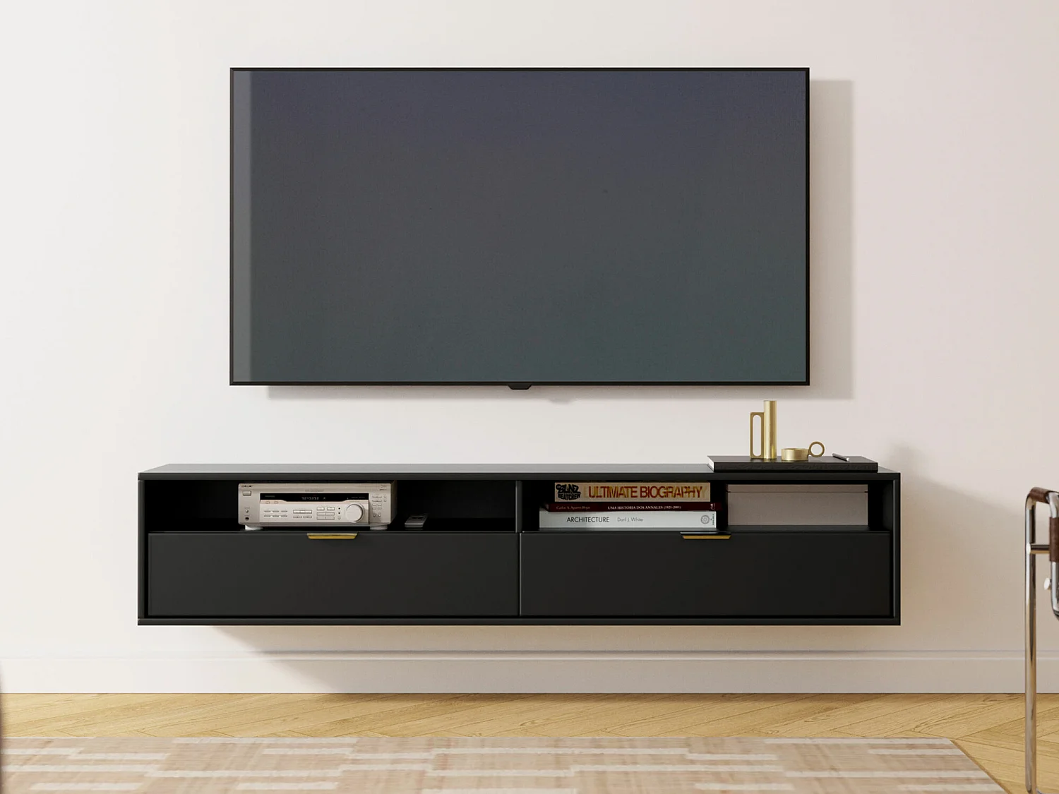 Meuble TV Hamilton 103, Noir, 175x35x33cm