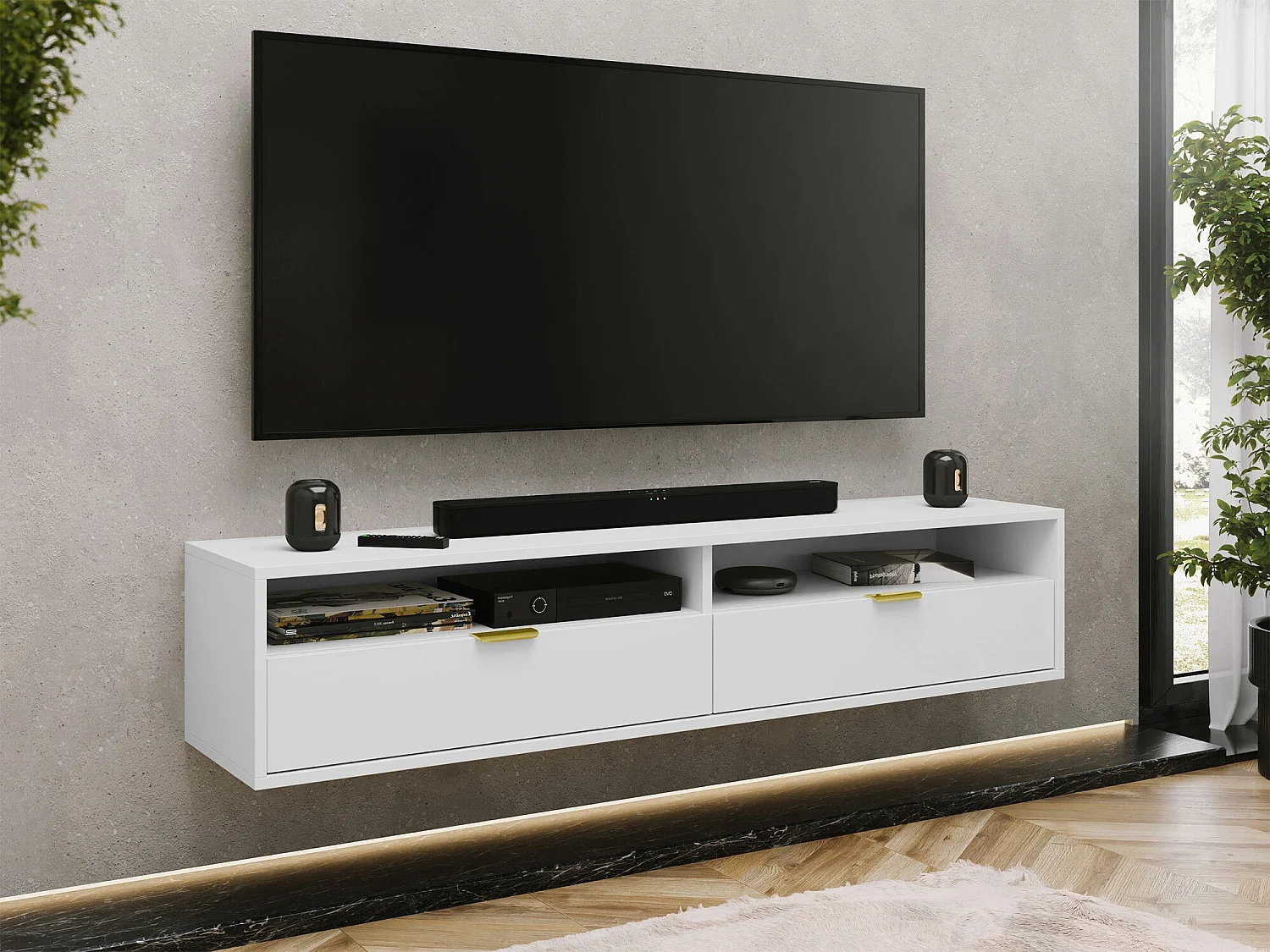 Meuble TV Hamilton 103, Blanc, 175x35x33cm