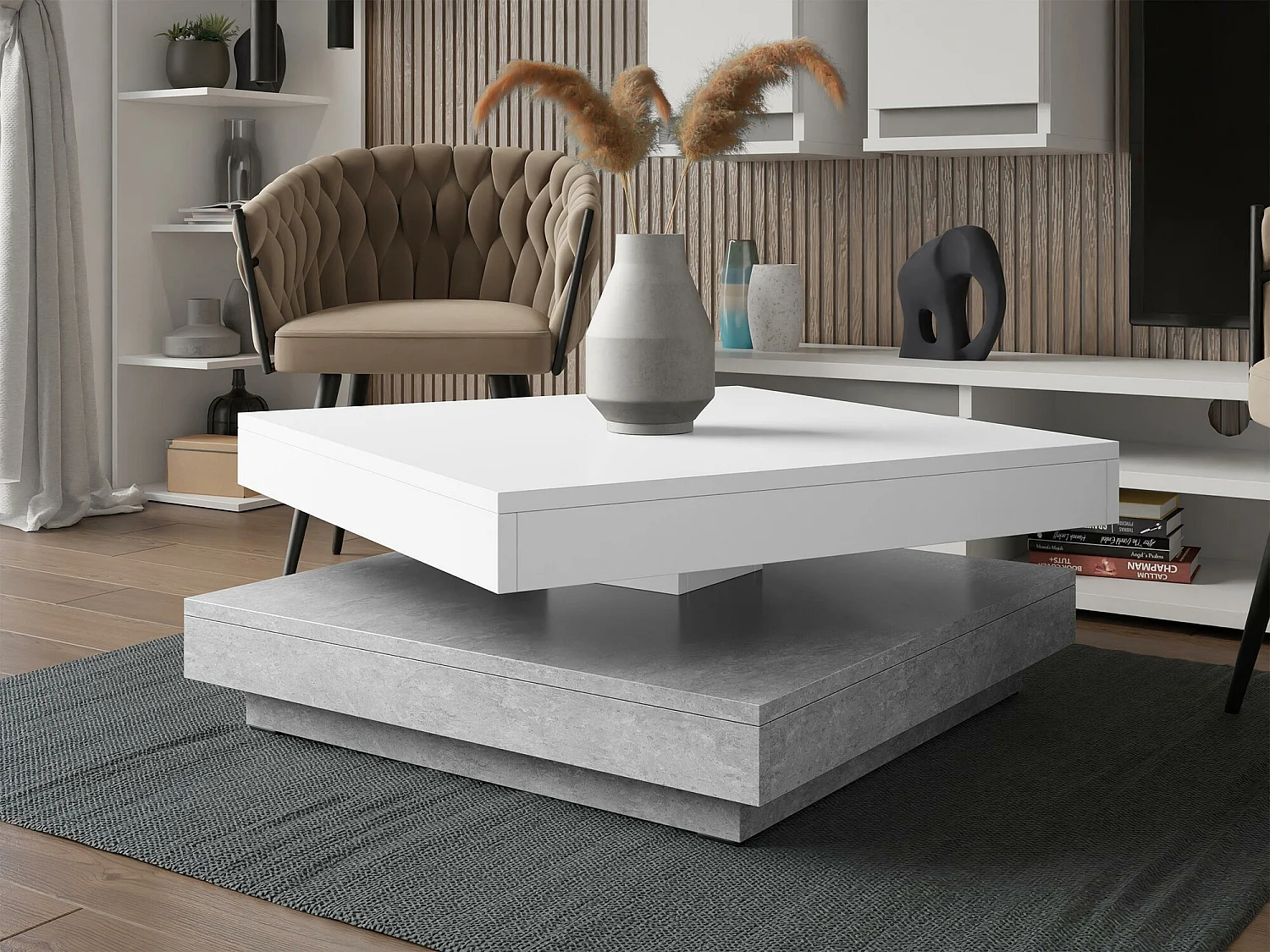 Table basse transformateur Comfivo 385, Béton|Blanc, 34x70x70cm, Stratifié, Angulaire