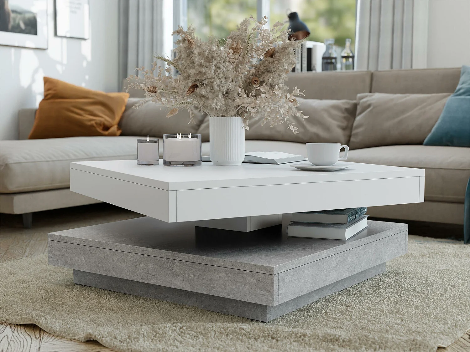 Table basse transformateur Comfivo 385, Béton|Blanc, 34x70x70cm, Stratifié, Angulaire