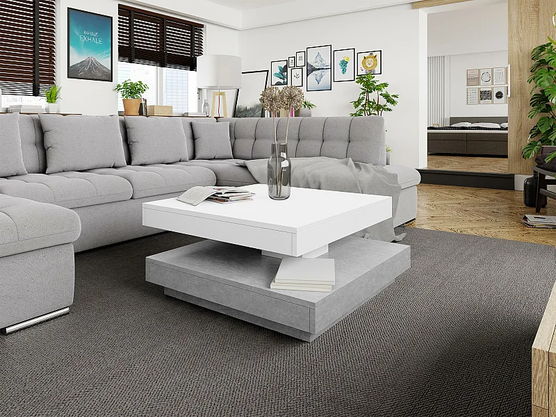 Table basse transformateur Comfivo 385, Béton|Blanc, 34x70x70cm, Stratifié, Angulaire