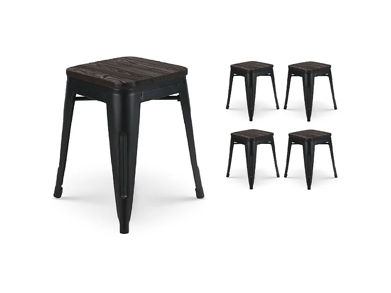 Lot de 4 tabourets en métal noir mat style industriel et assise en bois foncé - Hauteur 46 cm