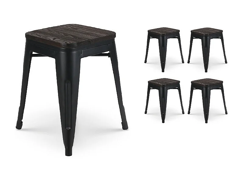 Lot de 4 tabourets en métal noir mat style industriel et assise en bois foncé - Hauteur 46 cm
