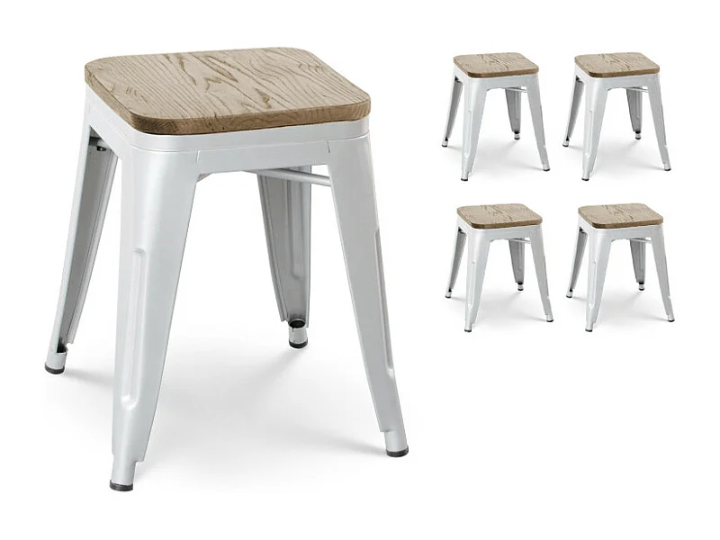 Lot de 4 tabourets en métal blanc mat style industriel et assise en bois clair - Hauteur 46 cm