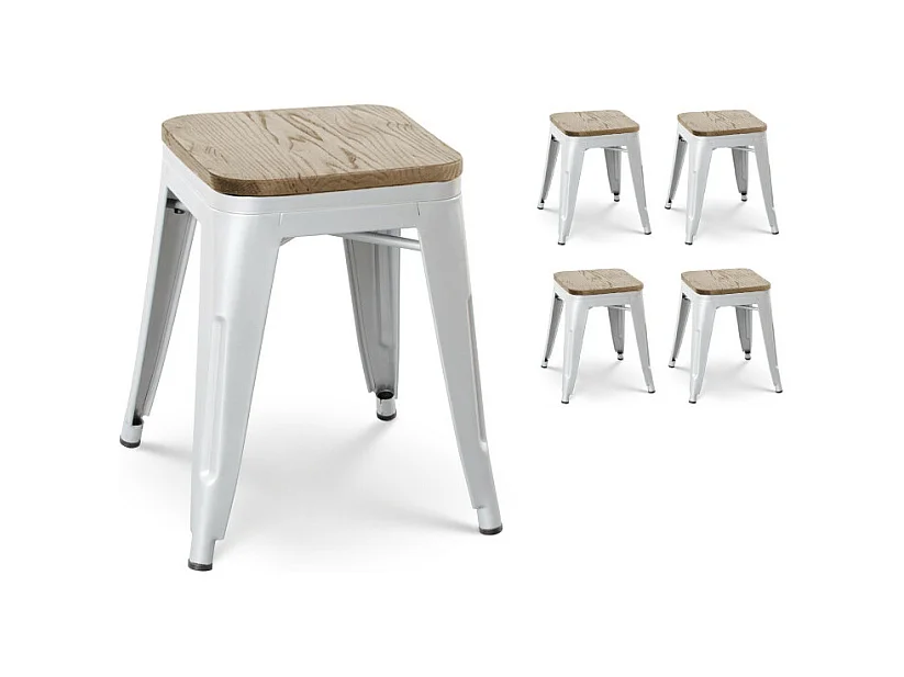 Lot de 4 tabourets en métal blanc mat style industriel et assise en bois clair - Hauteur 46 cm