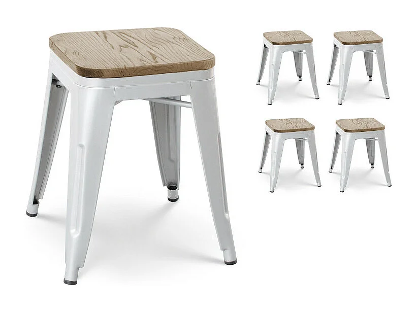 Lot de 4 tabourets en métal blanc mat style industriel et assise en bois clair - Hauteur 46 cm