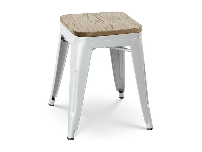 Lot de 4 tabourets en métal blanc mat style industriel et assise en bois clair - Hauteur 46 cm