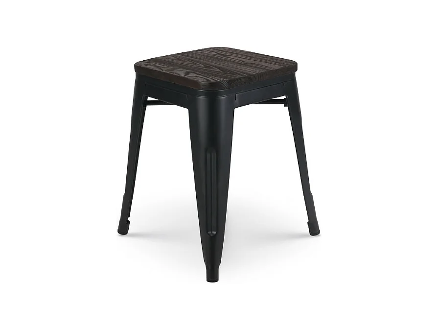 Tabouret en métal noir mat style industriel et assise en bois foncé - Sans dossier - Hauteur 46 cm