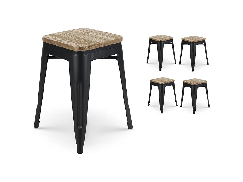 Lot de 4 tabourets en métal noir mat style industriel et assise en bois clair - Hauteur 46 cm