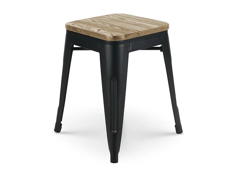 Tabouret en métal noir mat style industriel et assise en bois clair - Sans dossier - Hauteur 46 cm