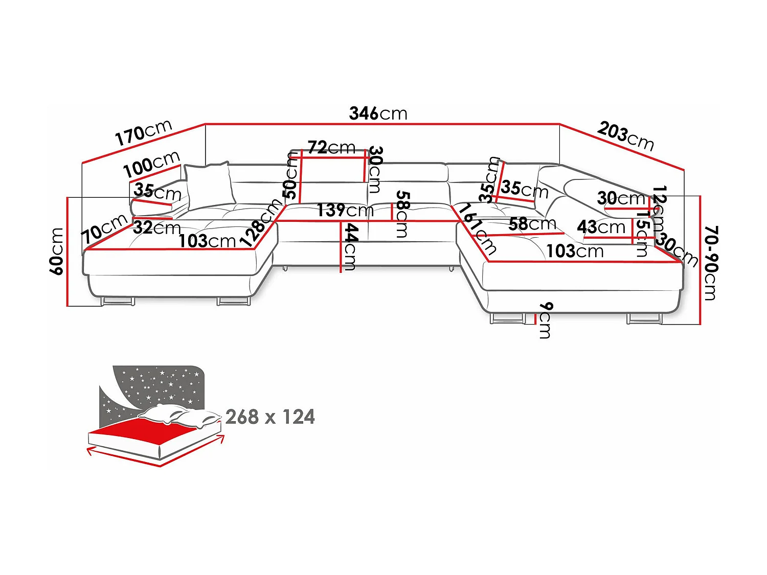 Sofá rinconero Comfivo Eliferu 103, Blanco, Función de descanso, Almacenaje, 346x203x70cm