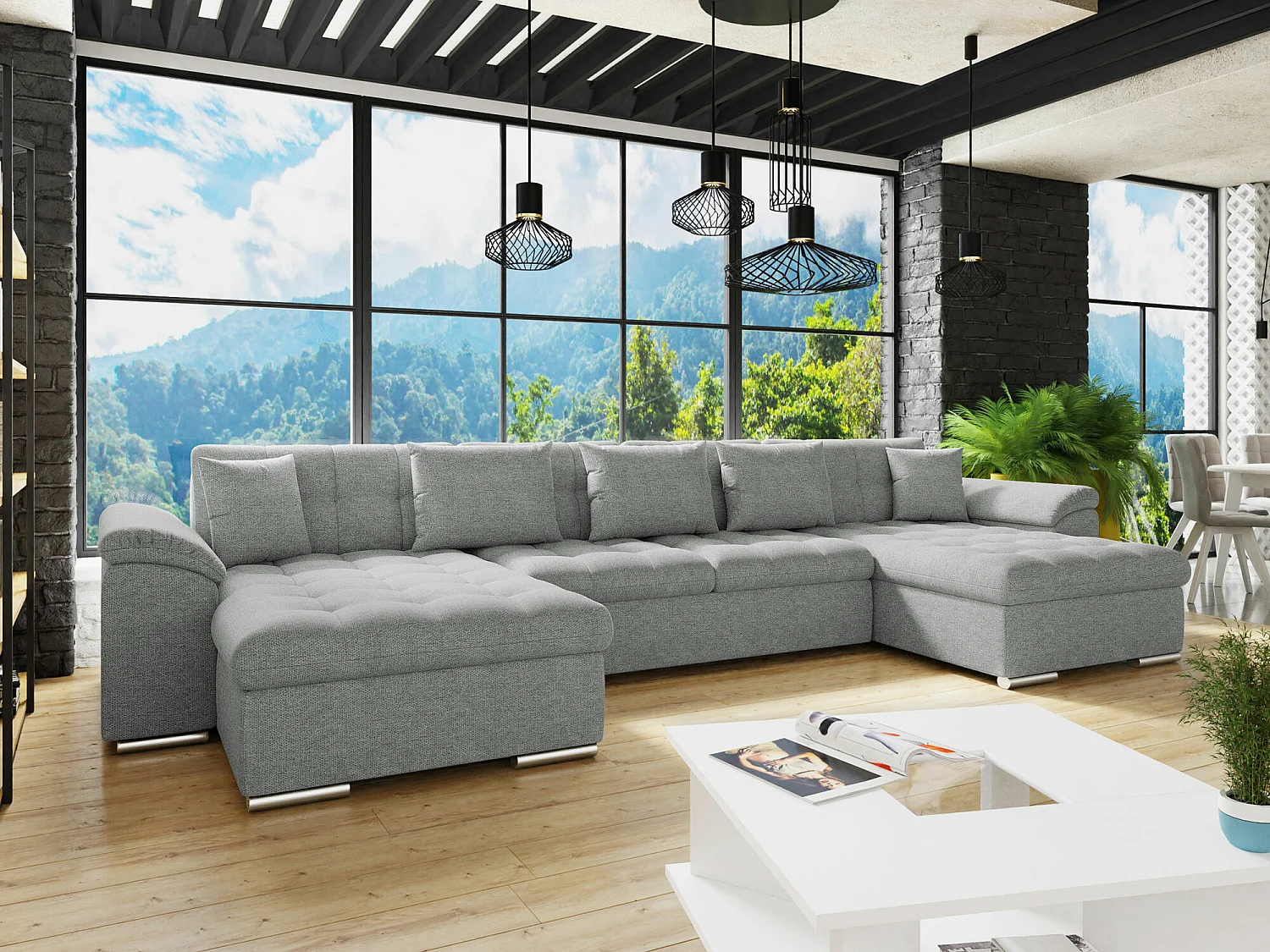 Canapé d'angle Comfivo 111, Gris, Fonction de couchage, 375x155x76cm