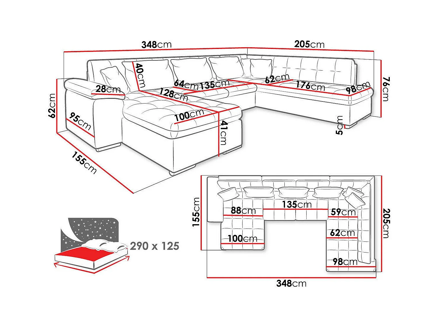 Sofá rinconero Comfivo 170, De color marrón claro, Función de descanso, Almacenaje, 348cm