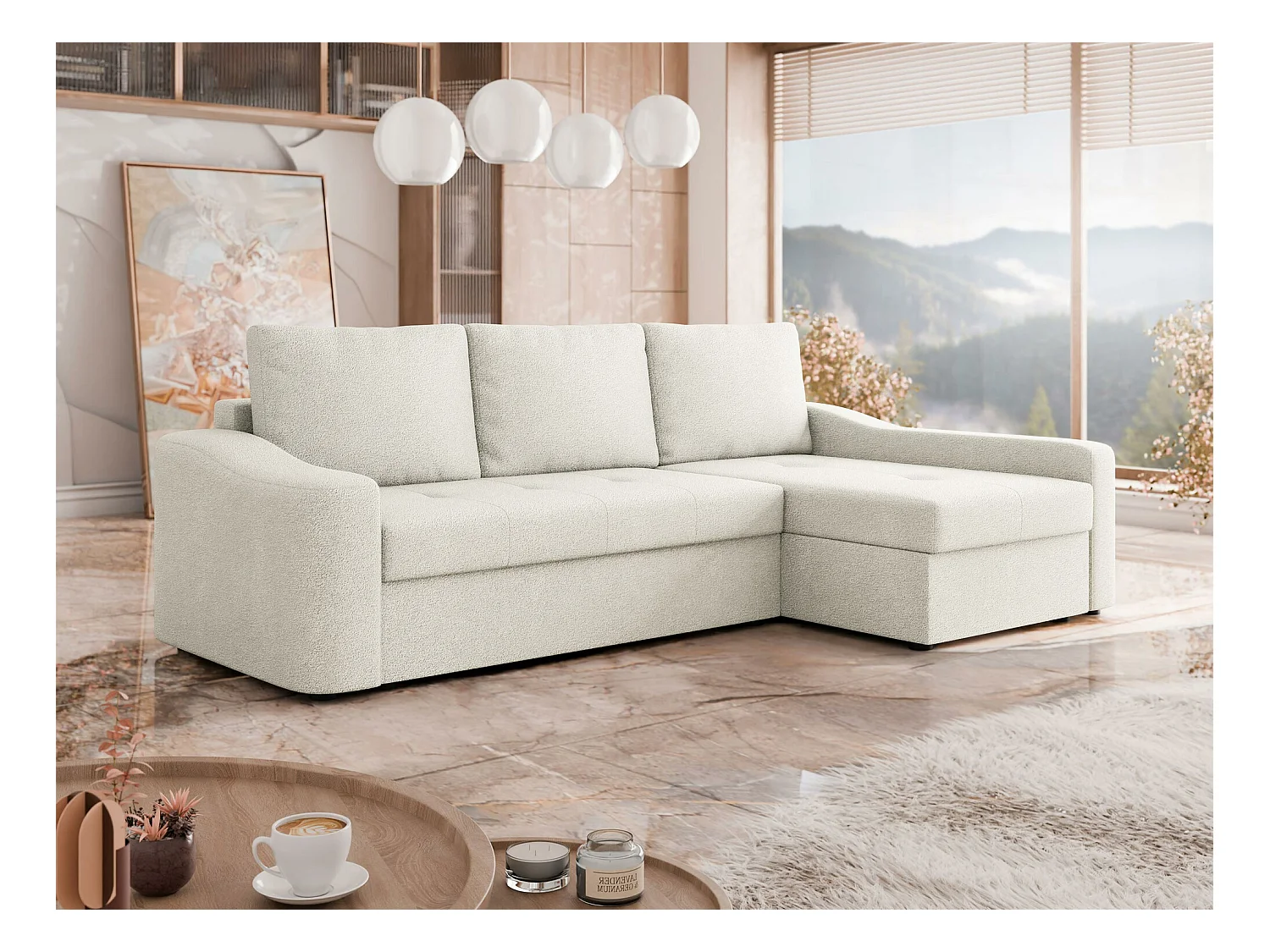Canapé d'angle Rome 107, Blanc, Fonction de couchage, Boîte de literie, 253x148x88cm