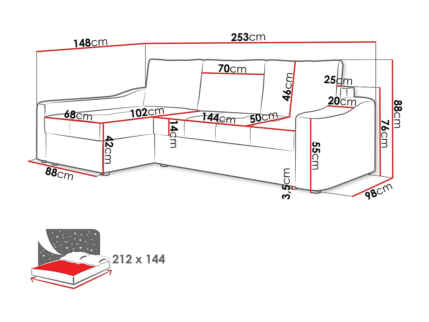Sofá de canto Rome 107, Branco, Funcionalidade de dormir, 25x15x9cm