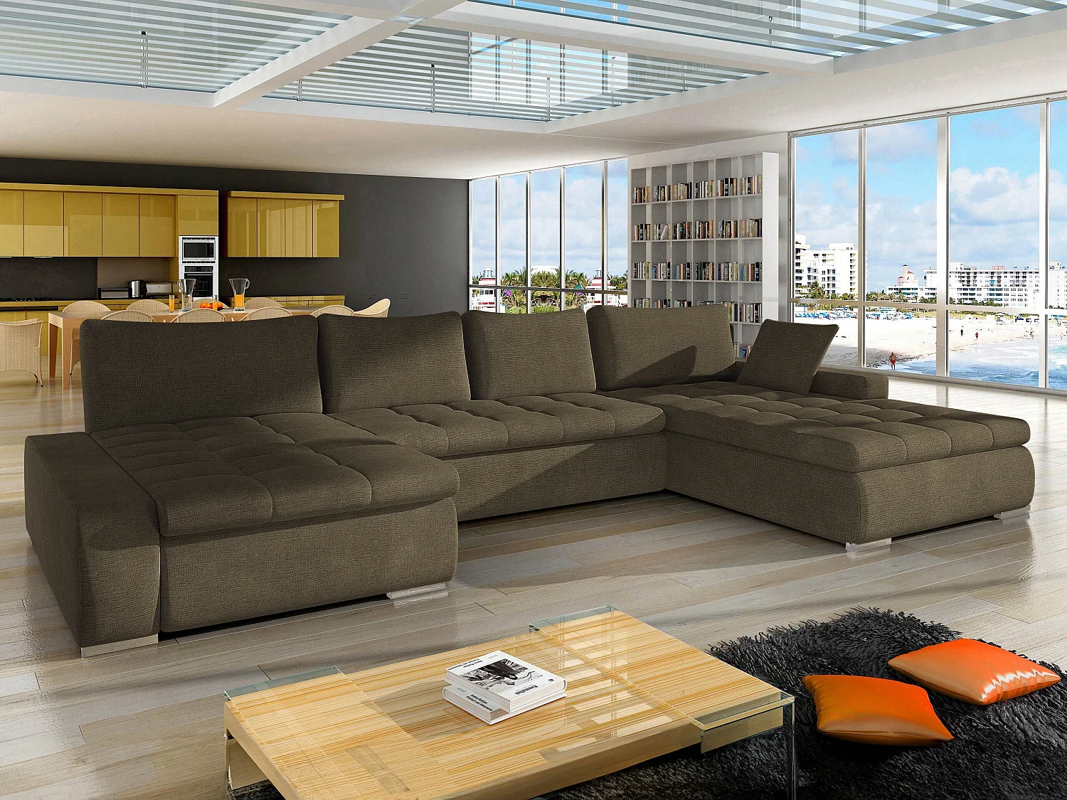 Canapé d'angle Comfivo Oliva, Marron, Disponible, 394x213x80cm