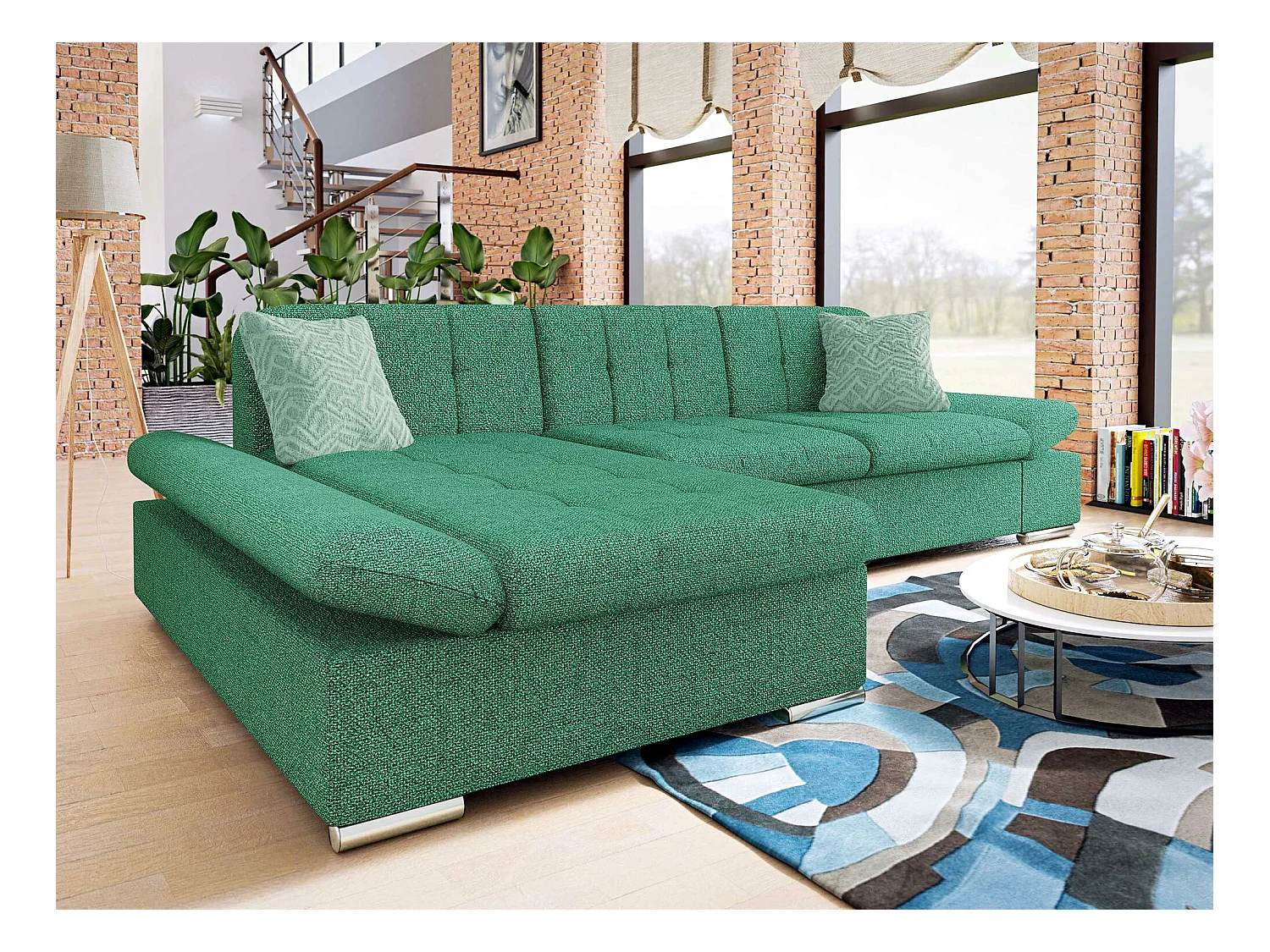 Canapé d'angle Comfivo 250, Vert, Fonction de couchage, Boîte de literie, 278x161x76cm