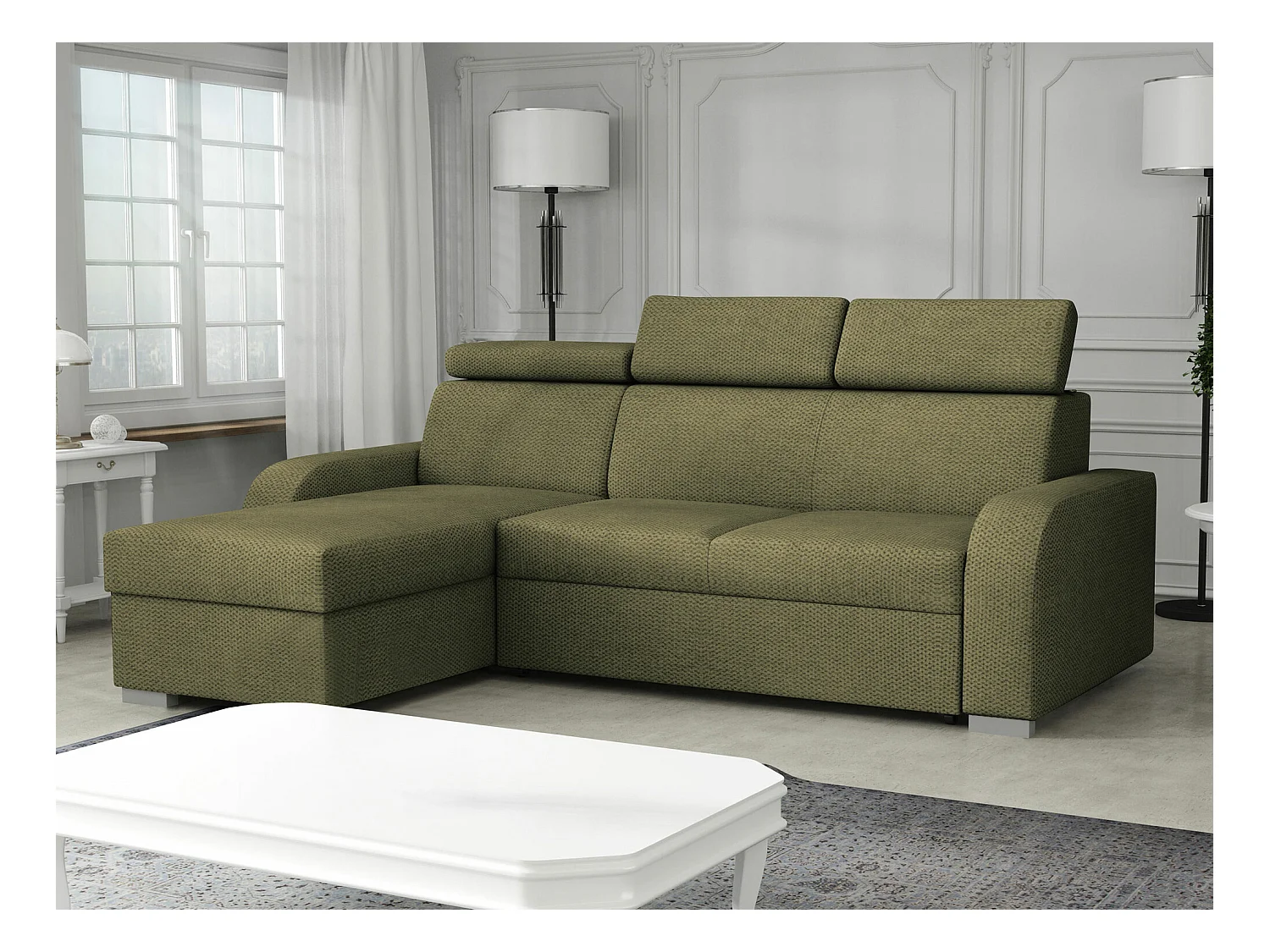 Canapé d'angle Etrcala 100, Vert, Fonction de couchage, Boîte de literie, 235x170x85cm
